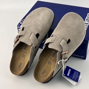 Birkenstock Boston taupe suede mule clogs